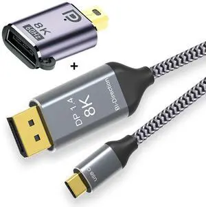 Jimier Reversible Mini DisplayPort DP Source to USB 3.1 Type C USB-C Displays Male 8K HDTV Cable for Laptop Monitor 1.8m