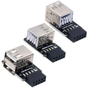 Jimier 3pcs/set 9Pin/10Pin Motherboard Front Panel Header Female to Dual USB 2.0 Female Adapter Vertical Angled Type 90 Degree