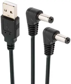Jimier USB Type-A Male to Dual 5.5x2.1mm DC 5V Power Plug Splitter Right Angled 90 Degree Connector Charge Cable