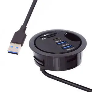 Jimier USB 3.0 Hub Sound Card USB-C 2 Port USB 60mm Desk Grommet Splitter Dock Station Headphone Mic Audio Interface for Desktop PC Desk