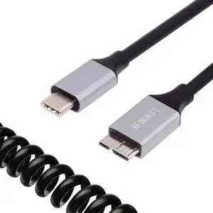 Jimier USB-C Type-C Host to Micro-USB3.0 Male OTG Stretch Coiled Cable 100cm Extension 5Gbps for Disk Phone Camera Data
