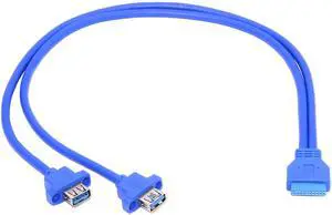 Jimier Dual Port USB 3.0 Female Type-A Panel Type to Motherboard 20Pin 19Pin Header Cable 50cm