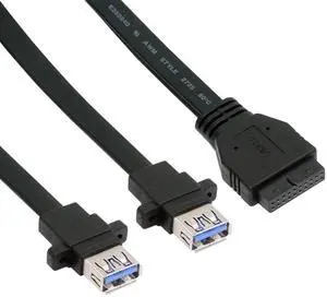 Jimier Ultra Flat Slim Dual Port USB 3.0 Female Type-A Panel Type to Motherboard 20Pin 19Pin Header Cable 50cm