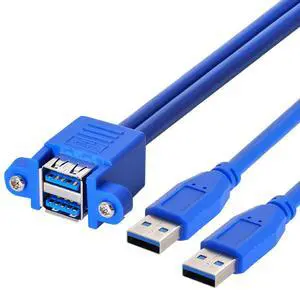 Jimier Combo Dual USB 3.0 Male to Stackable Female Extension Cable 50cm with Screw Panel Mount Holes