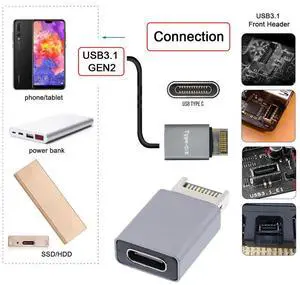 Jimier USB 3.1 Front Panel Header Male Type-E to Type-C USB-C Female Motherboard Extension Data Adapter