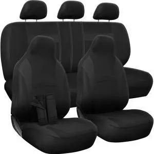 Seat Cover Complete Set for Car Truck SUV Van - Poly Cloth Solid Black- 10 Piece