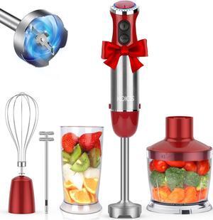 KOIOS 5-in-1 Hand Immersion Blender, 1000W 12 Speed Handheld Blender, Copper Motor Stainless Steel Blade Stick Blender,600ml Mixing Beaker,500ml Food Processor, Whisk, Milk Frother, Non-BPA, Red