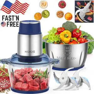 KOIOS Small Food Processor with 2 Bowls (8 Cup+8 Cup) & 2 Sets Bi-level Blade, 2L Electric Food Chopper Meat Grinder for Meat/Vegetable/Fruits/Nuts/Baby Food, 500W, 2 Speed Modes