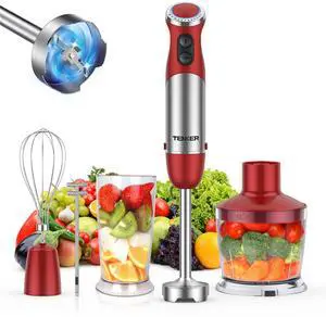 TENKER 5-in-1 Hand Immersion Blender, 12 Speed Handheld Blender, Copper Motor Stainless Steel Blade Stick Blender,600ml Mixing Beaker,500ml Food Processor, Whisk, Milk Frother, BPA-Free, Red