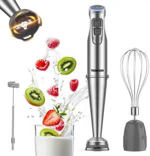 TENKER 1100W Immersion Hand Blender, Stainless Steel Stick Blender with 12-Speed & Turbo Mode, 5-in-1 Handheld Blender with 600ml Mixing Beaker with Lid, 500ml Chopper, Whisk, Milk Frother, BPA-Free
