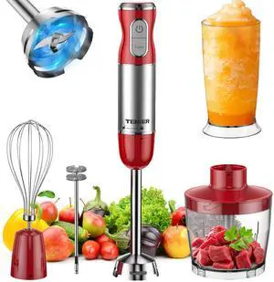 TENKER HB-2016A 5-in-1 Hand Immersion Blender, 30 Speeds Handheld Blender, Copper Motor Stainless Steel Blade Stick Blender,600ml Mixing Beaker,500ml Food Processor, Whisk, Milk Frother, BPA-Free, Red