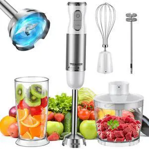 TENKER HB-2016A Hand Blender 5 in 1 white Immersion Blender Set, 30-Speed Hand Stick Blender with 600ml Beaker, 500ml Food Processor, Egg Whisk, Milk Frother