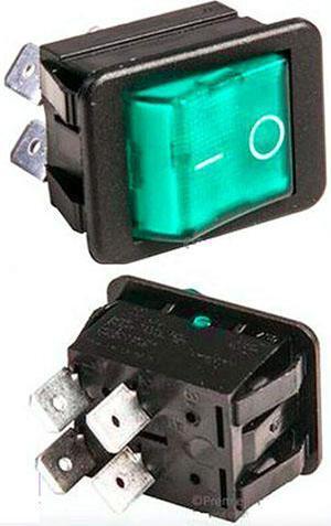 Rocker Switch, Illuminated, DPST, On-Off, Green, Panel Mount, 16 A