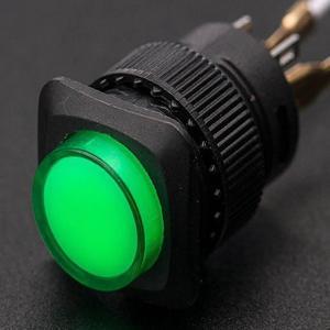 1443 - PUSH SWITCH LIT LATCH GREEN 1P1T ON/OFF 3A/125V 16MM TH SOL/PUSH