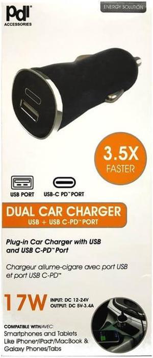 PDI-845 - USB CAR CHARGER DUAL USB C AND USB PORT 5VDC@1A