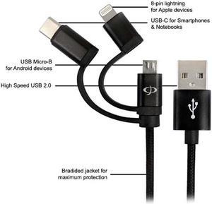 AP-USB-MLC-03BKM - USB CABLE A MALE TO MICRO B/TYPE C/8PIN LIGHTING 3-IN-1 3FT BLACK
