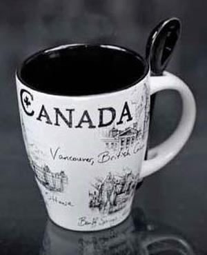 00611 - CANADA SOUVENIR MUG W/SPOON BLACK/WHITE