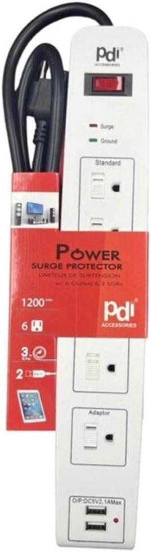 9DI-972 - POWER BAR 6 O/LET 6FT CORD 1200J SUGRE PROTECT WHT W/2USB 2.1A