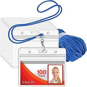 Lanyard (Blue, 3.5X2.25 Inch, 100 Pack) With Clear Plastic Horizontal Id Badge Holder, Heavy Duty Name Pouch With Soft, Woven, Neck Lanyards