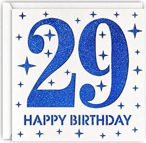 Blue 29Th Birthday Card, Laser Cut Glitter Woman Man Age 29 Gift For Daughter, Sister