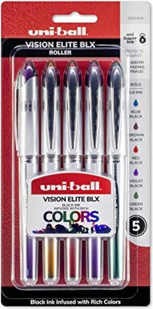 Uniball Vision Elite BLX Rollerball Pens, Assorted Pens Pack of 5, Bold  Pens with 0.8mm Ink, Ink Black Pen, Pens Fine Point Smooth Writing Pens,  Bulk Pens, and Office Supplies 