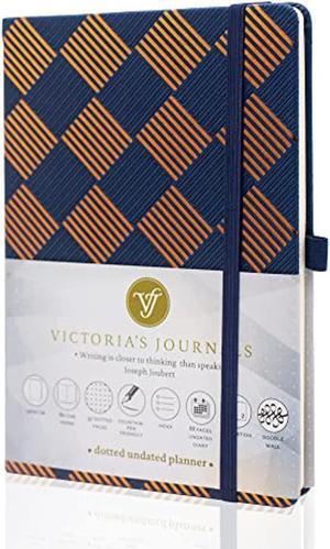 Victorias Bullet Notebook, Dotted Undated Planner Sofia Hard Cover Vintage Journal Time Management And Goals Organizer, A5 Size 5.5 X 7.8 (Dark Blue 1)
