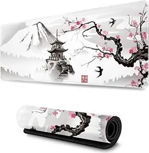 Japanese Cherry Blossom White Gaming Mouse Pad Xl, Extended Large Mouse Mat Desk Pad, Stitched Edges Mousepad, Long Nonslip Rubber Base Mice Pad, 31.5 X 11.8 Inch
