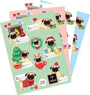 TugS Peel + Stick Happy Holiday Gift Wrap Tag Name Label - Custom Pug Sticker Set  Christmas Dog Self Adhesive Labels + Decorative Present Wrapping Paper Pet Stickers (10)