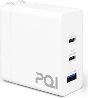PQI 65W GaN Wall Charger - 65 Watt USB C PD Fast Power Adapter - Type C Laptop Charger Block - 3-Port Quick Charging Plug Compatible with Apple Macbook Air, iPhone, iPad Pro, and More