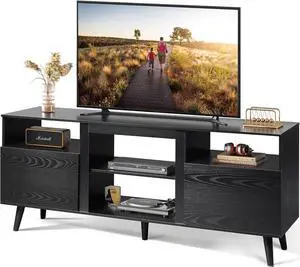 WLIVE Mid-Century Modern TV Stand for 65" TV, TV Console Cabinet, Open Shelves Entertainment Center for Living Room and Bedroom, Black