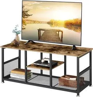 VECELO TV Stand Up to 50 Inches, 39 Inch Industrial Entertainment Center Media Console with Open Storage Shelves, Wooden Coffee Table with Metal Frame, Brown