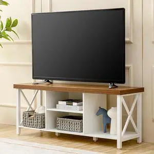 GAZHOME TV Stand for TV up to 55 Inches, TV Cabinet with Open Storage, TV Console Unit with Shelving for Living Room, Entertainment Room, Industrial, White