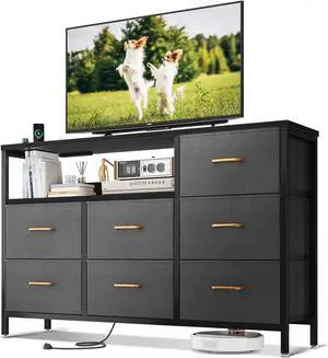 AODK TV Stand with Charging Station, Wide TV Stand with Open Shelf, 7 Large Storage Drawers for Living Room, Black