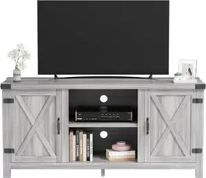 JUMMICO TV Stand for 65 Inch TV Farmhouse Entertainment Center with Double Barn Doors and Storage Cabinets, Console TV Table Media for Living Room, Bedroom (Grey, Without Fireplace)