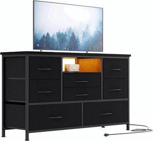 Jojoka 8 Dresser TV Stand with Power Outlet & LED for 55'' TV, Long Dresser for Bedroom with 8 Deep Drawers, Wide Console Table for Storage in Closet, Living Room, Entryway, Wood Top