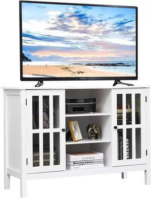 Tangkula White TV Stand, Modern Tall Entertainment Center for TVs up to 50", Media Console w/2 Storage Cabinets & 3 Open Shelves, Wire Hole, Wood TV Console Table for Living Room, White