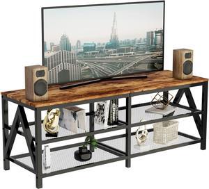 Katrawu TV Stand for 60 65 Inch TV, Long 55" Entertainment Center 3-Tier TV Console Steel Frame Industrial Style TV Cabinet with Metal Frame for Living Room, Rustic Brown Wooden and Black