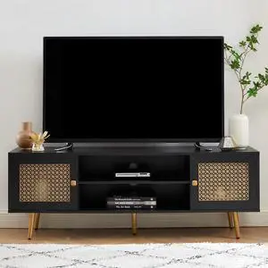 JYED DECOR Mid Century Modern TV Stand for 65 inch TV, Entertainment Center with Storage, Metal Mesh Decorated Cabinet Doors for Living Room, Black