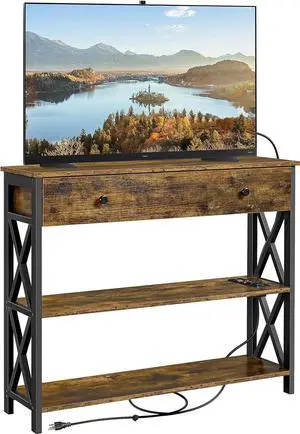 Yaheetech TV Stand with Power Outlets, Entertainment Center with Drawer, Media Console Table for TV up to 45 inch with Open Storage Shelf for Bedroom/Living Room/Hallway, Metal Frame, Rustic Brown