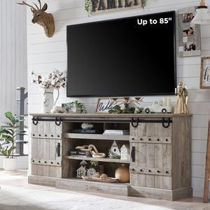 OKD Farmhouse 75" TV Stand for 80 85 Inch TV, Rustic Media Console Table with Sliding Barn Door, Large Highboy Entertainment Center with Storage Cabinet for Living Room, Bedroom, Light Rustic Oak