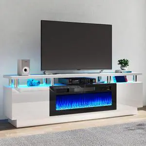 oneinmil Fireplace TV Stand with 36" Electric Fireplace,LED Light Entertainment Center,2 Tier TV Console Stand for TVs Up to 80",Fireplace for The Living Room TV Stand,White
