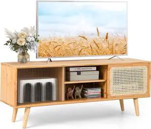 Tangkula Mid Century Modern TV Stand for TVs up to 55", Bamboo Entertainment Center w/Rattan & Tempered Glass Sliding Doors, Media Console w/Adjustable Shelf & Wood Legs for Living Room