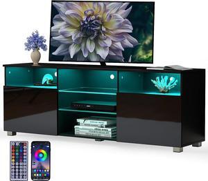 High Glossy LED Black TV Stand for 55/60/65 inch TV,Modern LED Entertainment Center with Adjustable Storage Shelves,Game Console Entertainment Center,TV Table Media Furniture (57inch, Black)