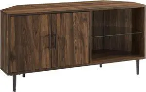 Walker Edison 2 Door Glass Shelf Corner Stand Console, fits TVs up to 55", 48, Dark Walnut