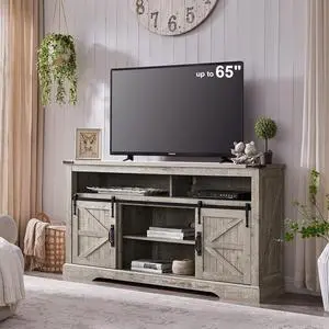 OKD Farmhouse TV Stand for 65+ Inch TV, 33" Tall Highboy Entertainment Center w/Sliding Barn Door, Rustic Media Console w/Storage Shelves, Wood Television Stand for Living Room, Light Rustic Oak