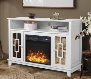 VINGLI TV Stand for 55 inch TV, White TV Stand with Fireplace Entertainment Center, Mirror Doors