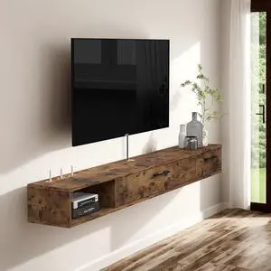 Pmnianhua Farmhouse Floating TV Stand with 2 Doors,47'' Under TV Shelf Floating,Wall Mounted TV Shelf,Rustic Floating TV Console for Under TV(Rustic Brown)(Rustic Brown)