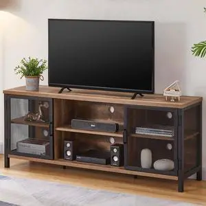 FATORRI Industrial Entertainment Center for TVs up to 65 Inch, Rustic Wood TV Stand, Large TV Console and TV Cabinet for Living Room (60 Inch Wide, Rustic Oak)