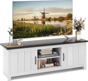 Tangkula 2 Doors TV Stand for TVs up to 65, 57 TV Console Table w/ 2 Cabinets & Open Shelves, Media Entertainment Center w/ 2 Cable Management Holes, Wood TV Cabinet for Living Room (Dark Brown)