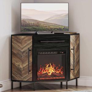 BELLEZE Corner TV Stand with 18 Inch Electric Fireplace, Media Console Table for TVs up to 43 Inches, Entertainment Center with Storage Cabinet for Living Room, Bedroom - Harper (Black Ebony)